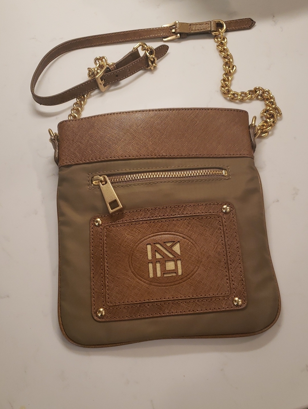 Kate Landry Taupe and Gold Chain Crossbody Bag